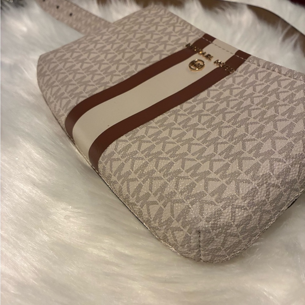 Michael Kors Beige Logo Shoulder Bag with Brown and Cream Center Stripe